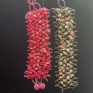 SET OF 2 STRETCH FRIENDSHIP STONE CHIP BRACELETS UNAKITE JASPER AND RED JASPER